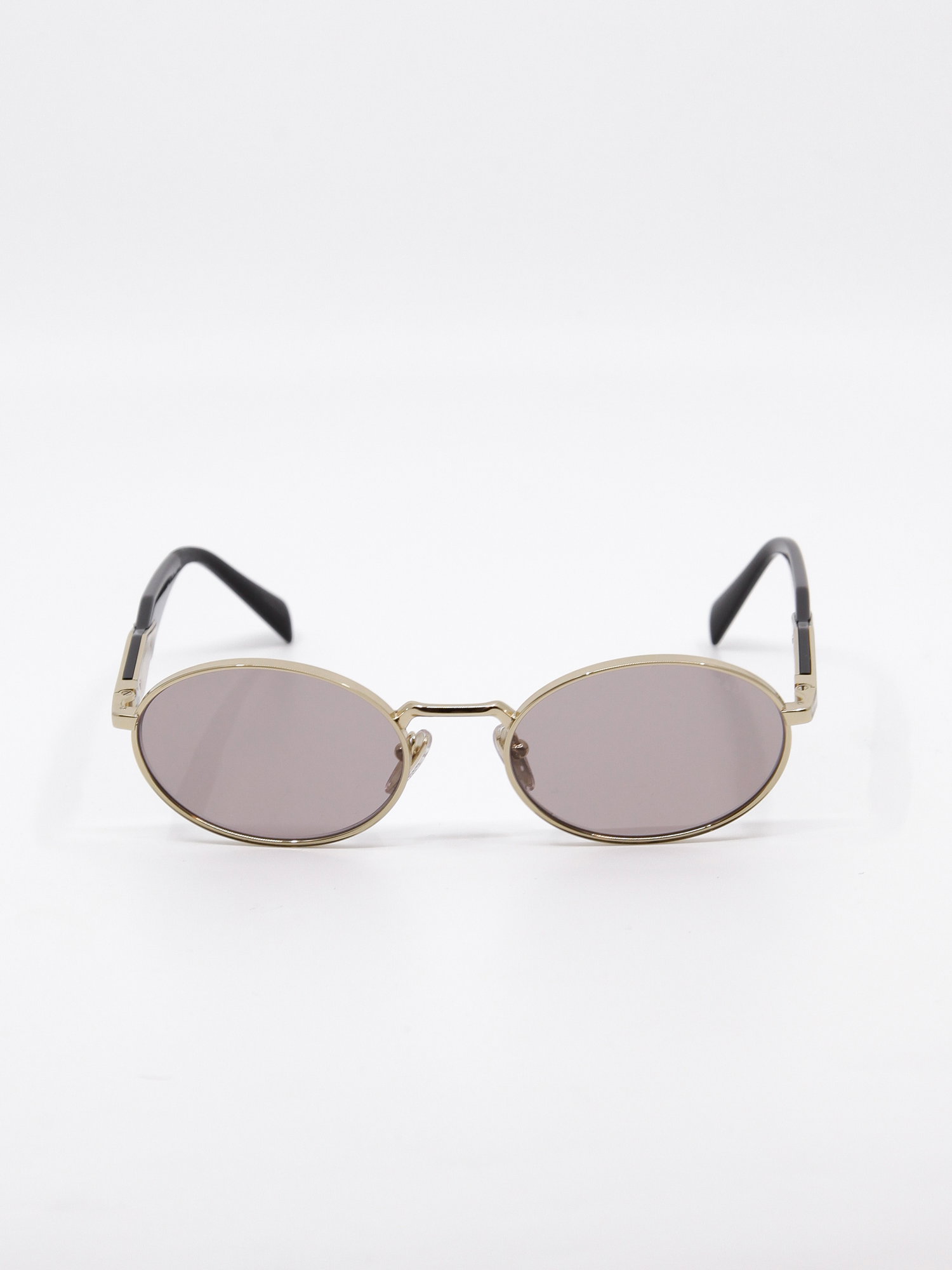 Oval metallsolbrille i gull med rosa glass