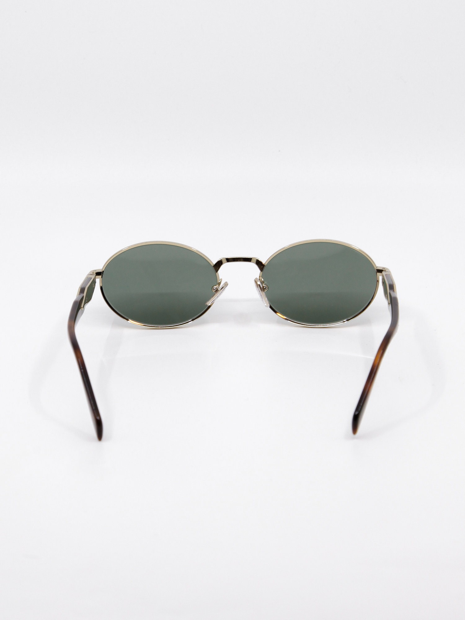 Oval metallsolbrille i gull med grønne solbrilleglass