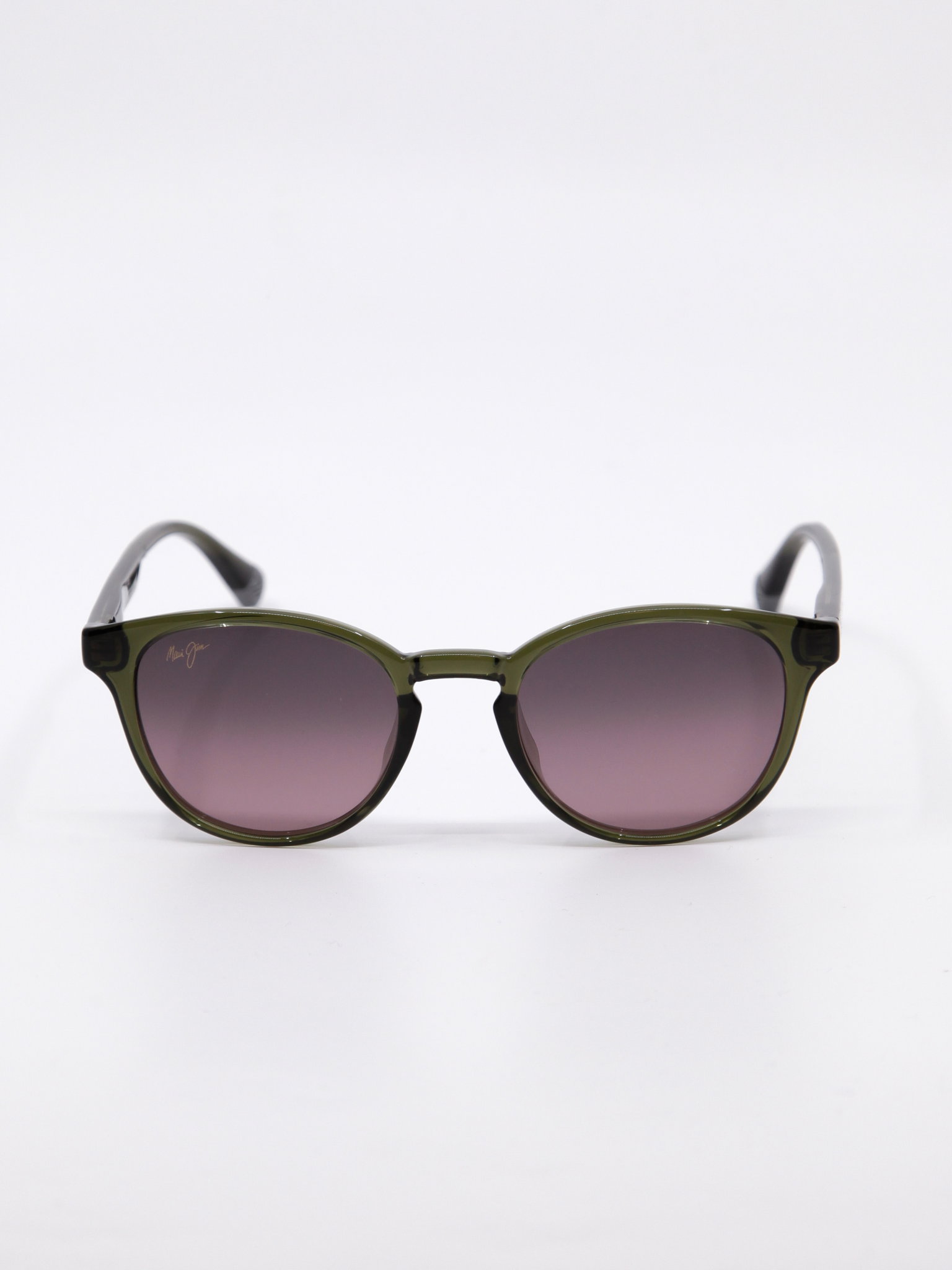 Klassisk rund solbrille med grønn ramme og rosa glass