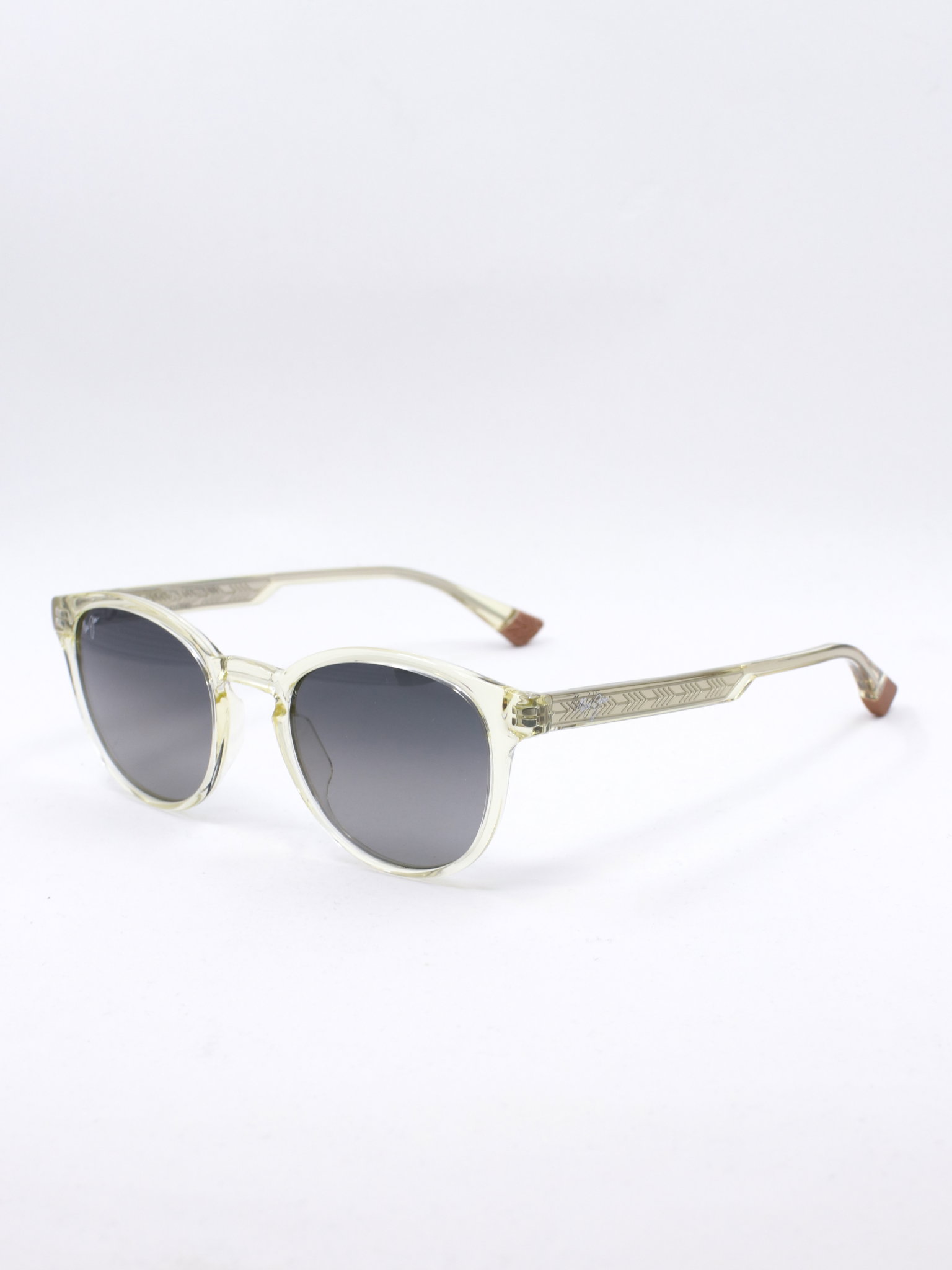 Solbrille med transparent ramme og grå solbrilleglass
