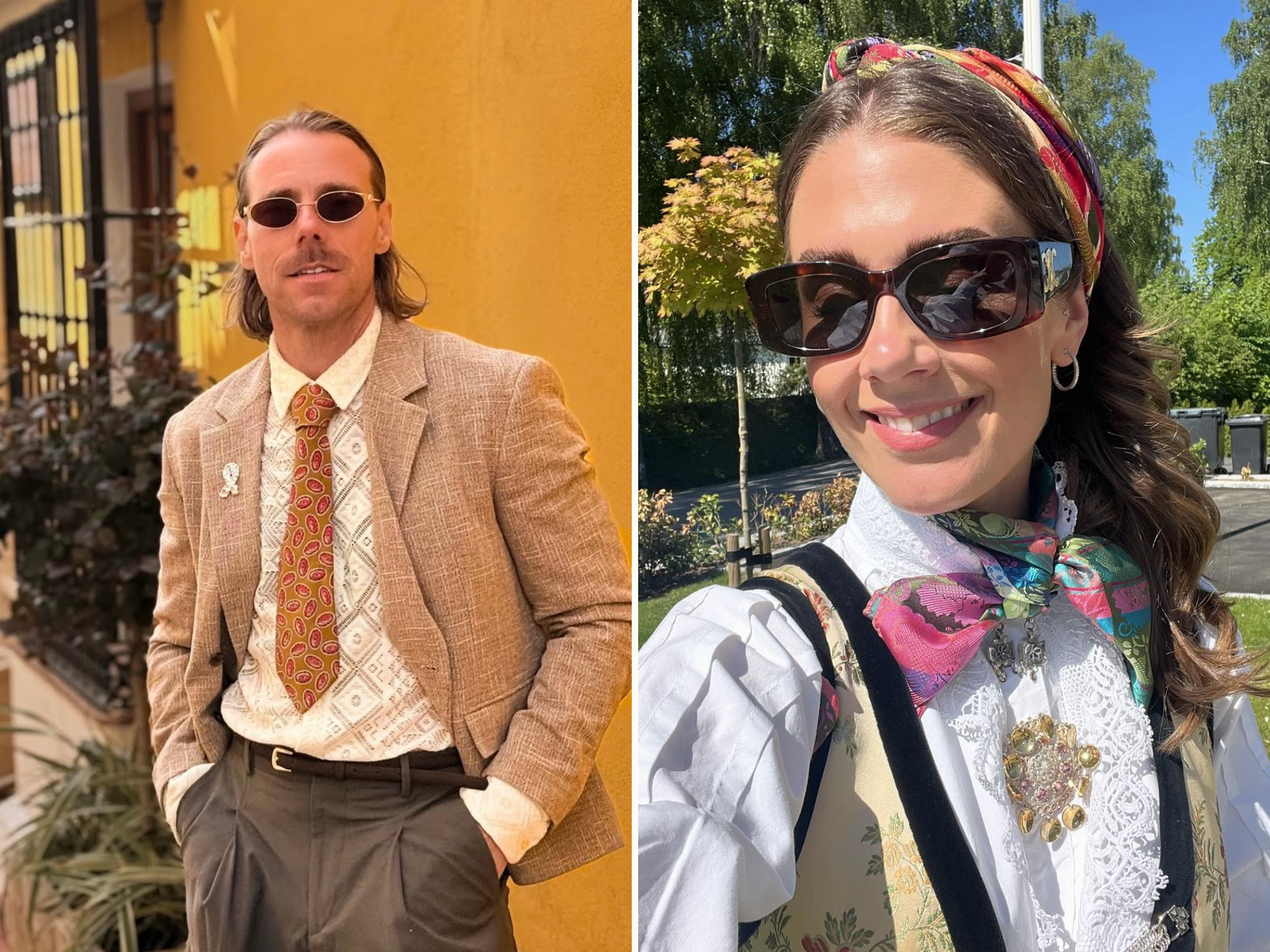Mann med  metall solbriller og dress, dame i brune Celine solbriller og bunad