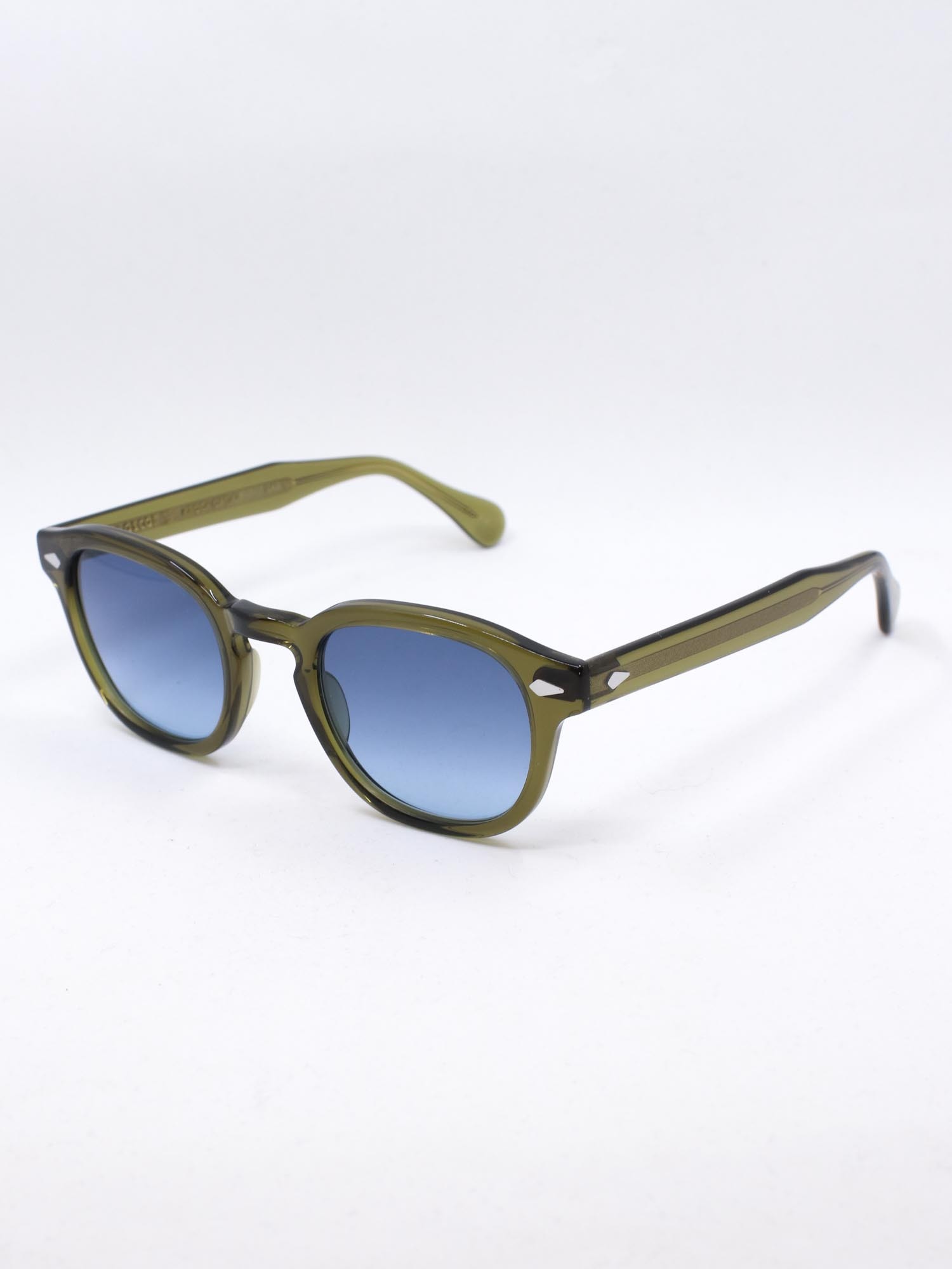 Rund solbrille med grønn ramme og blå graderte solbrilleglass