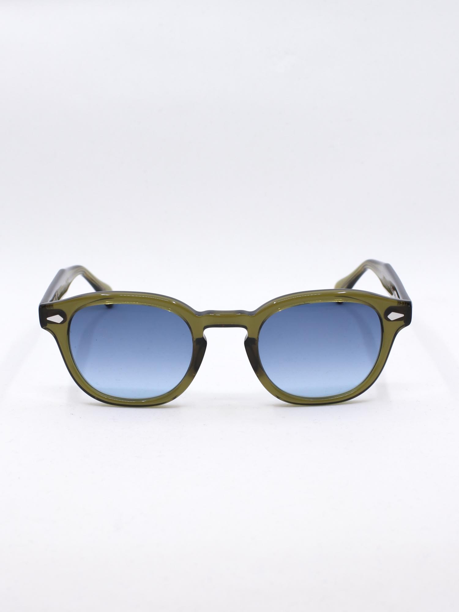 Rund solbrille med grønn ramme og blå graderte solbrilleglass