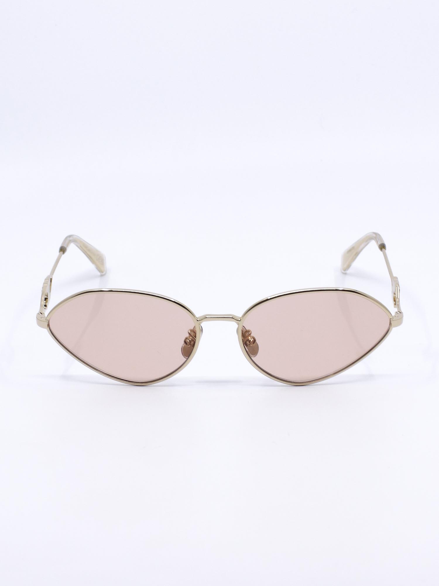 Metallsolbrille i gull med rosa glass og cateye fasong