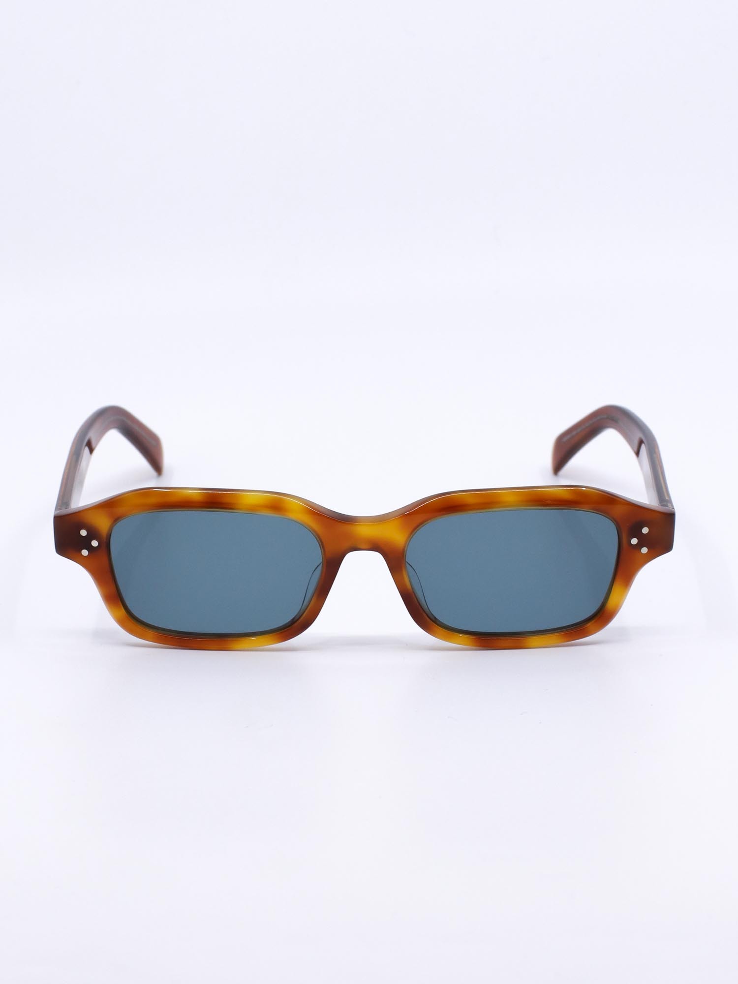 Brun solbrille med rektangulær fasong og blå ramme
