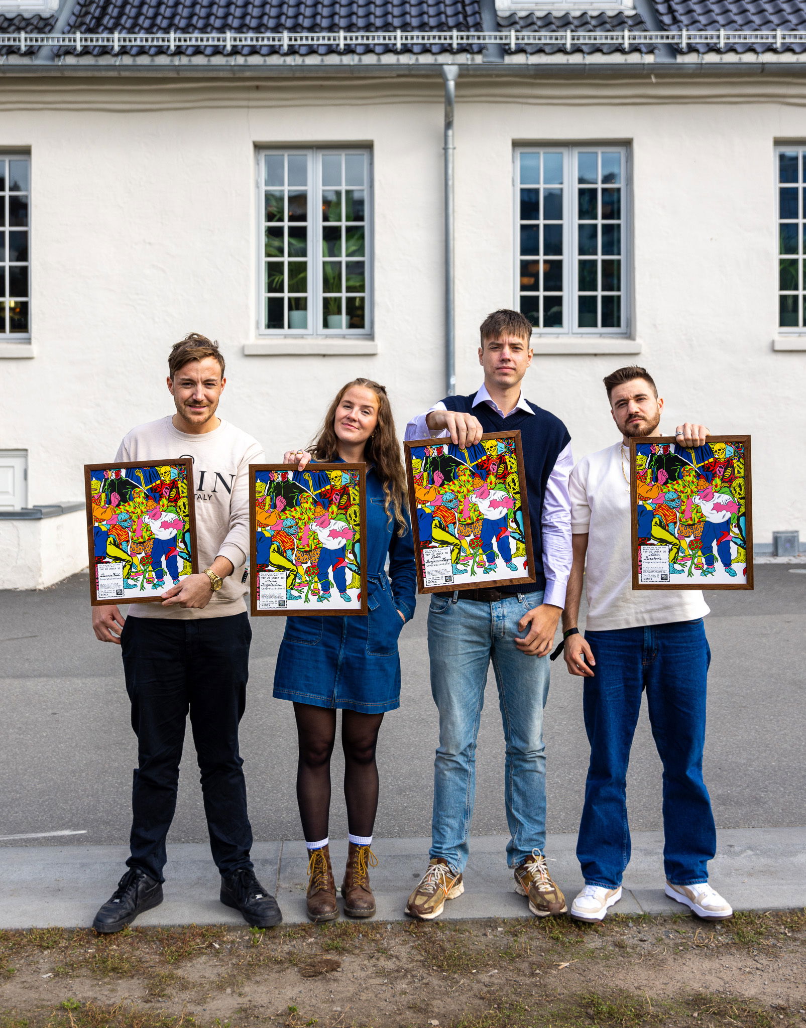 De norske vinnerne av Top 20 under 30 2023 fra Norge, Fra venstre: Dennis Kiil, Mina Ingebretsen, Peder Benjamin Hagen og Aldin Duratovic. (Foto: Henning Lefsaker)
